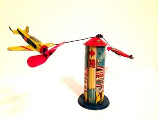 Vintage Marx Skyhawk Airplane Tower Tin Lithographed Wind - Up Toy -