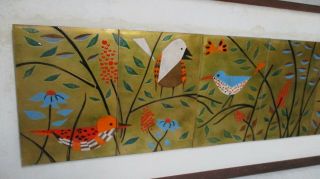 INCREDIBLE SIGNED JUDITH DANER 6 PANEL PAINTING BIRDS ENAMEL COPPER BEST OF BEST 4