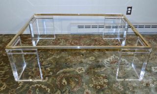 Lion In Frost Signed Coffee Table Base Lucite & Brass Modernist 48 " No Top