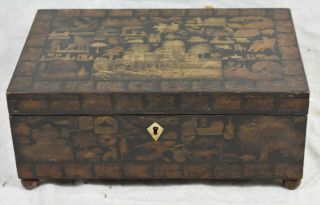 Antique Carved Chinoiserie Figures Asian Wood Box