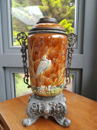 Victorian Zsolnay Pecs Budapest Style Majolica Oil Lamp Ceramic China