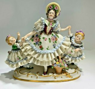 Antique Dresden Art Germany " Mom And Her Daughters Playing " Porcelain Figurine