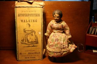 Rare Clockwork Antomation Wind Up Walking Doll W/ Box Circa 1862