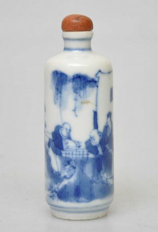 Antique Chinese Porcelain Snuff Bottle Blue Decor Of Man Playing Board Game
