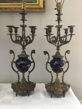 Antique French Sevres Stylized Cobalt Bronze Porcelain Insects Lamp Pair Rams
