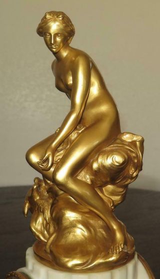 French 19th C.  8 Day Fire Gilt Bronze Nude Goddess Aphrodite Marble Mantle Clock 11