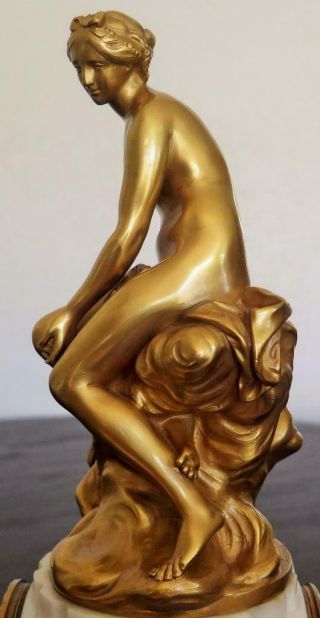 French 19th C.  8 Day Fire Gilt Bronze Nude Goddess Aphrodite Marble Mantle Clock 12
