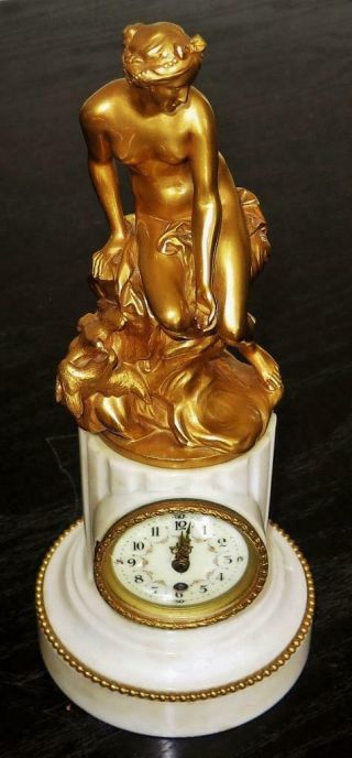 French 19th C.  8 Day Fire Gilt Bronze Nude Goddess Aphrodite Marble Mantle Clock 2