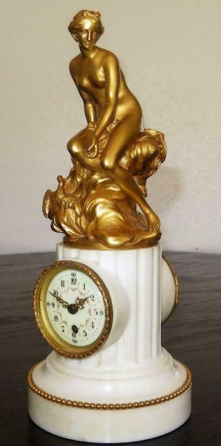 French 19th C.  8 Day Fire Gilt Bronze Nude Goddess Aphrodite Marble Mantle Clock 3
