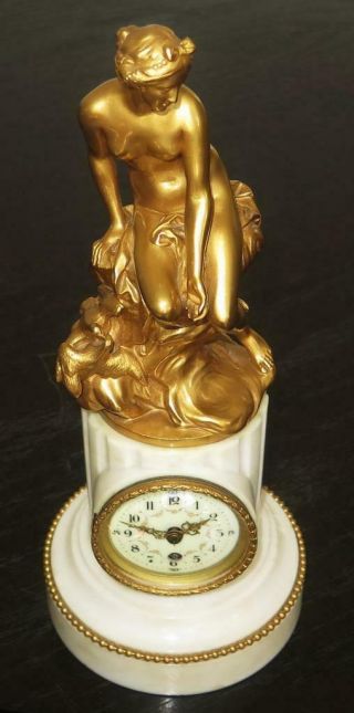 French 19th C.  8 Day Fire Gilt Bronze Nude Goddess Aphrodite Marble Mantle Clock 4