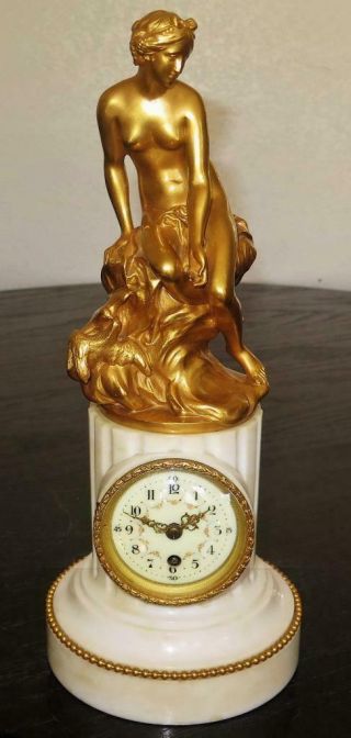 French 19th C.  8 Day Fire Gilt Bronze Nude Goddess Aphrodite Marble Mantle Clock 5