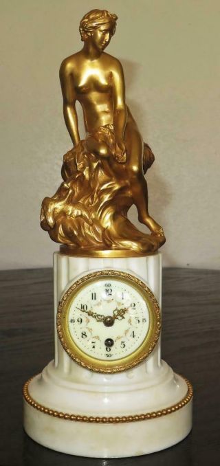 French 19th C.  8 Day Fire Gilt Bronze Nude Goddess Aphrodite Marble Mantle Clock 6