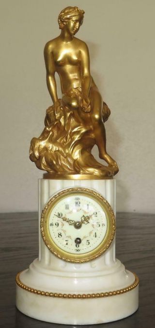 French 19th C.  8 Day Fire Gilt Bronze Nude Goddess Aphrodite Marble Mantle Clock 7