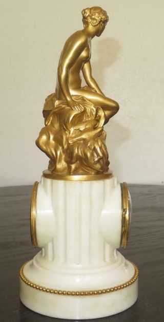 French 19th C.  8 Day Fire Gilt Bronze Nude Goddess Aphrodite Marble Mantle Clock 8