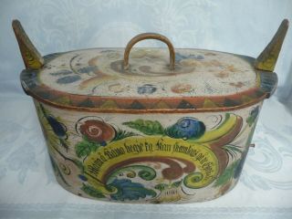 Large Antique Hand Painted Wood Box With Lid & Handle 1889