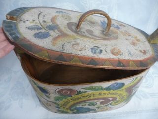 LARGE ANTIQUE HAND PAINTED WOOD BOX WITH LID & HANDLE 1889 3
