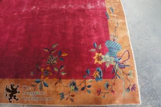 Antique Chinese Art Deco Oriental Wool Area Rug Maroon Floral Vases Butterflies 6