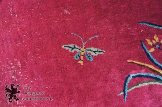 Antique Chinese Art Deco Oriental Wool Area Rug Maroon Floral Vases Butterflies 9