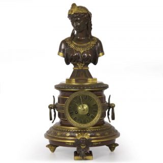 French Egyptian Revival Mantel Clock W/ Bronze Sculpture Of Cleopatra By Bouret