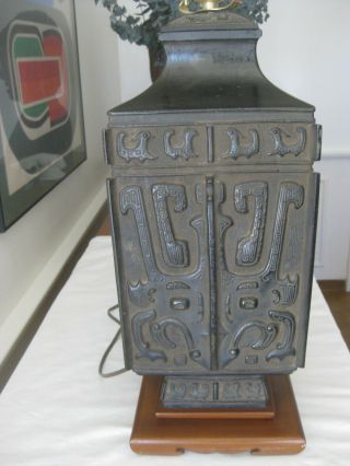 Antique Chinese Table Lamp Converted Lidded Urn Metal Container Urn