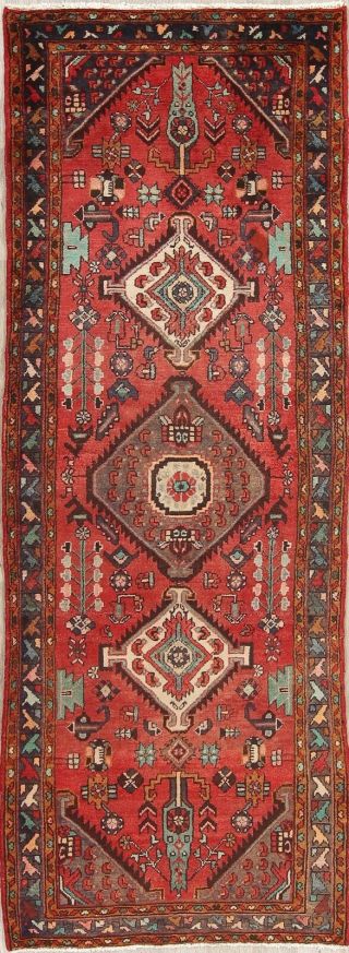 Runner Hamadan 4 X 10 Persian Wool Rug Handmade Oriental Vintage Geometric