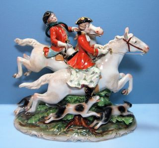 Ernst Bohne Sons Fox Hunt Porcelain Figurine Man & Woman Riders Horseback Dogs