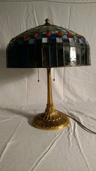 Antique Wilkinson lamp w/leaded glass shade.  B&H,  Handel era 2