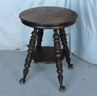 Antique Round Quarter Sawn Solid Oak Lamp Table With Claw Ball Feet