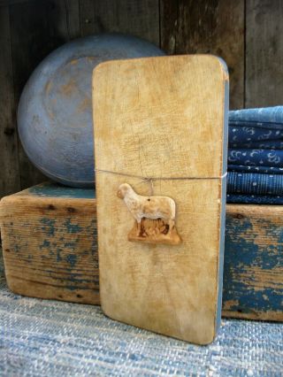 Sm Antique Wood Bread Board Cupboard Blue Milk Paint W Chalkware Lamb