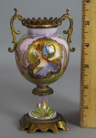 Miniature Antique Art Nouveau 19thc French Porcelain Painting,  Gilt Bronze Urn