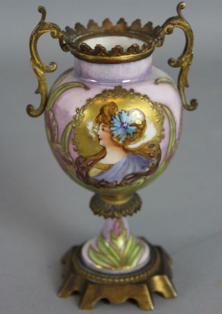 Miniature Antique Art Nouveau 19thC French Porcelain Painting,  Gilt Bronze Urn 2