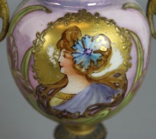 Miniature Antique Art Nouveau 19thC French Porcelain Painting,  Gilt Bronze Urn 3