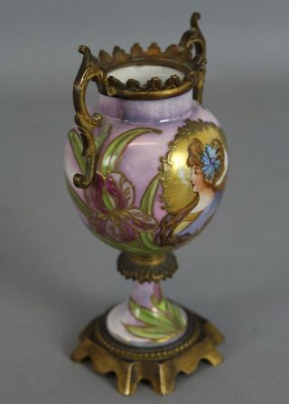Miniature Antique Art Nouveau 19thC French Porcelain Painting,  Gilt Bronze Urn 5