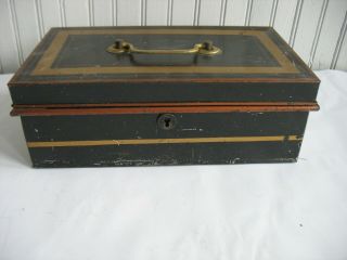 Antique Vtg Bank Enamel Metal Box Vtg Black Tin Cash Deed Strong Tole Painted