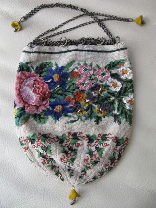 Antique Victorian Crochet Floral Micro Bead Sterling Ring & Drawstring Purse