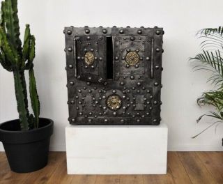 18th Century Wrought Iron Brass Venetian Antique Hobnail Safe Strongbox Cabinet