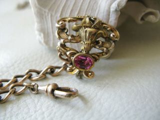 Antique Victorian Art Nouveau Gold Filled Pink Glass Jewel Watch Fob Pin JMF Co 2