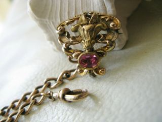 Antique Victorian Art Nouveau Gold Filled Pink Glass Jewel Watch Fob Pin JMF Co 3