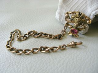 Antique Victorian Art Nouveau Gold Filled Pink Glass Jewel Watch Fob Pin JMF Co 4