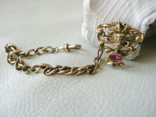 Antique Victorian Art Nouveau Gold Filled Pink Glass Jewel Watch Fob Pin JMF Co 5