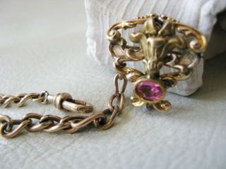 Antique Victorian Art Nouveau Gold Filled Pink Glass Jewel Watch Fob Pin JMF Co 6