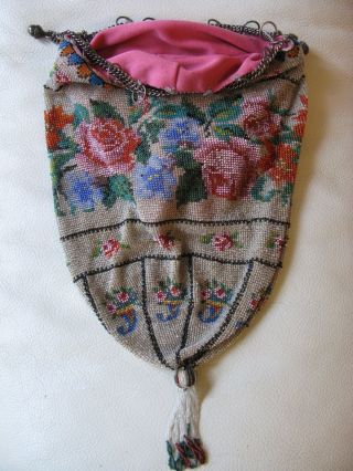 Antique Victorian Crochet Rose Floral French Micro Bead Tassel Reticule Purse 11