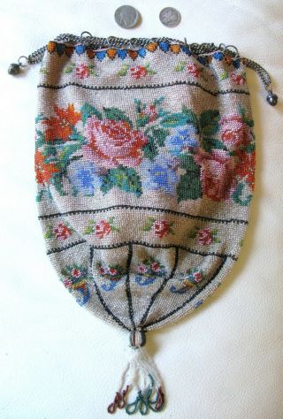 Antique Victorian Crochet Rose Floral French Micro Bead Tassel Reticule Purse