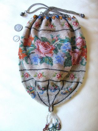 Antique Victorian Crochet Rose Floral French Micro Bead Tassel Reticule Purse 2