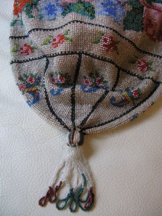 Antique Victorian Crochet Rose Floral French Micro Bead Tassel Reticule Purse 3