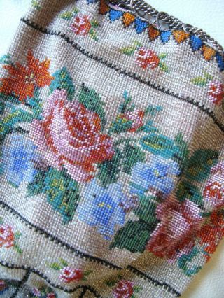 Antique Victorian Crochet Rose Floral French Micro Bead Tassel Reticule Purse 4