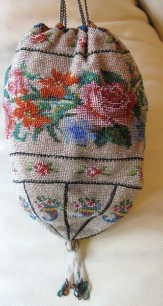 Antique Victorian Crochet Rose Floral French Micro Bead Tassel Reticule Purse 6