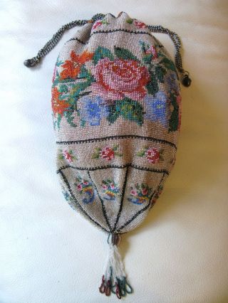 Antique Victorian Crochet Rose Floral French Micro Bead Tassel Reticule Purse 7