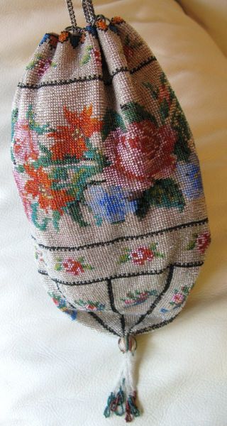 Antique Victorian Crochet Rose Floral French Micro Bead Tassel Reticule Purse 8