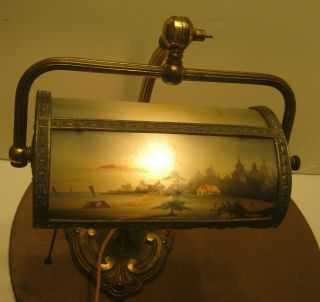 Antique MILLER Desk Lamp REVERSE PAINTED Pastoral Scene on Swivel Shade NR 3